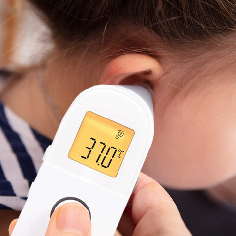 Duronic Ear and Forehead 3 in 1 Thermometer showing a 37.0°C reading being used on a child's ear.