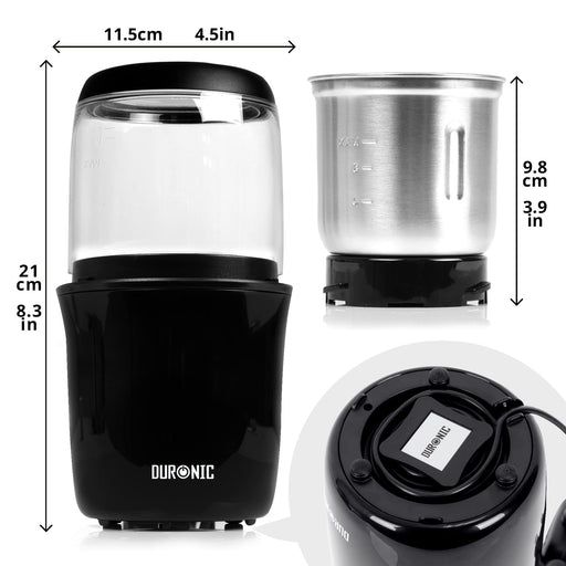 Duronic Electric Coffee Grinder showing dimensions, removable stainless steel bowl, and cord storage underneath.