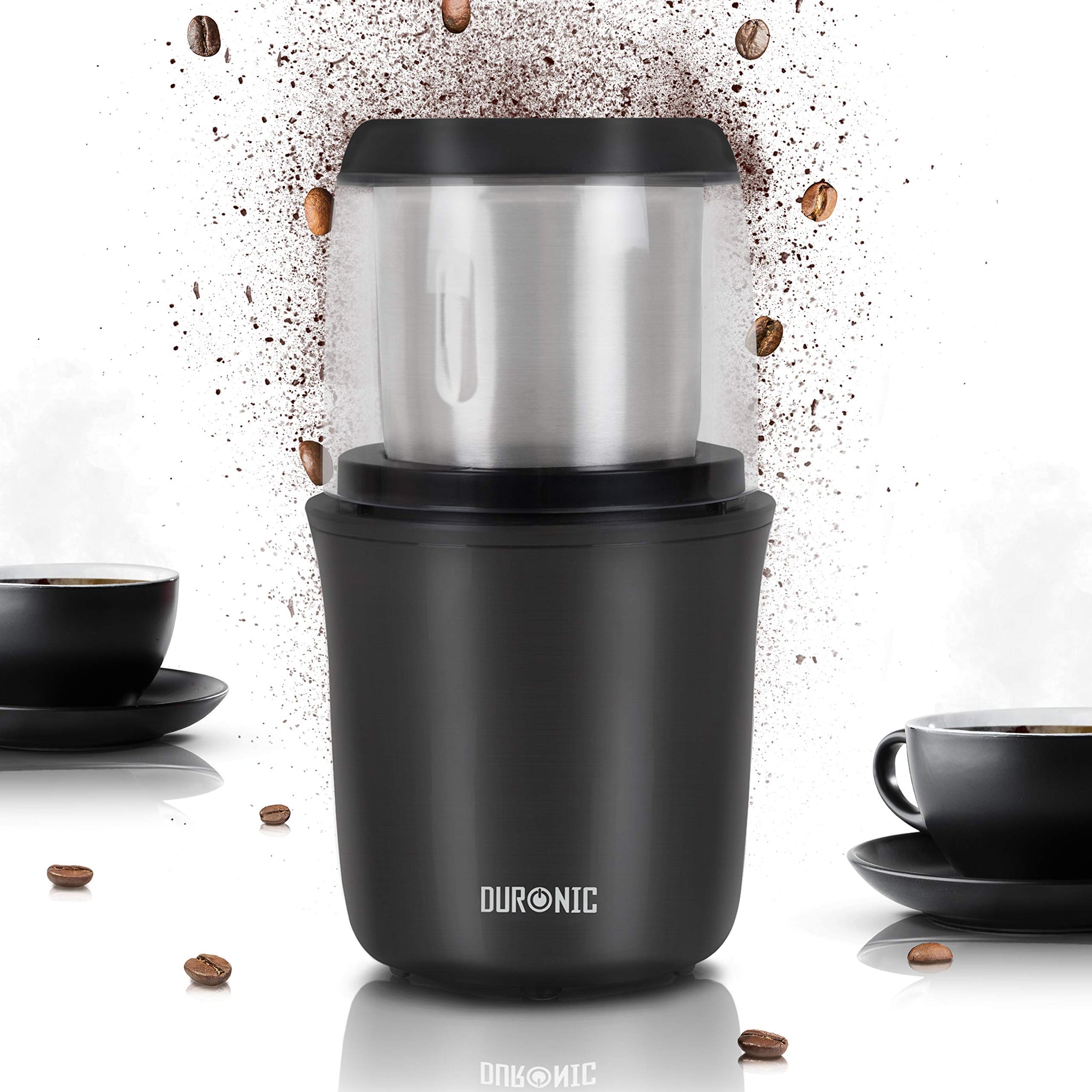 Duronic Electric Coffee Grinder with a sleek black base and a stainless steel blending cup.
