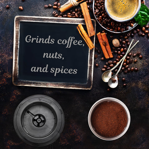 Duronic Electric Coffee Grinder with ground coffee, beans, cinnamon sticks, and chalkboard text.