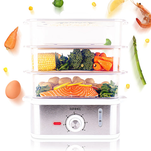 Duronic Electric Food Steamer filled filled with salmon, potatoes, vegetables, and rice.