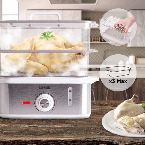 Duronic Electric Food Steamer filled with an insert image showing removable trays.
