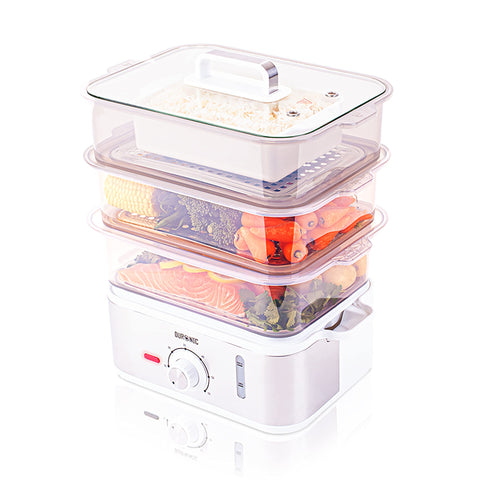 Duronic Electric Food Steamer filled with rice bowl, vegetables, and salmon on white background.