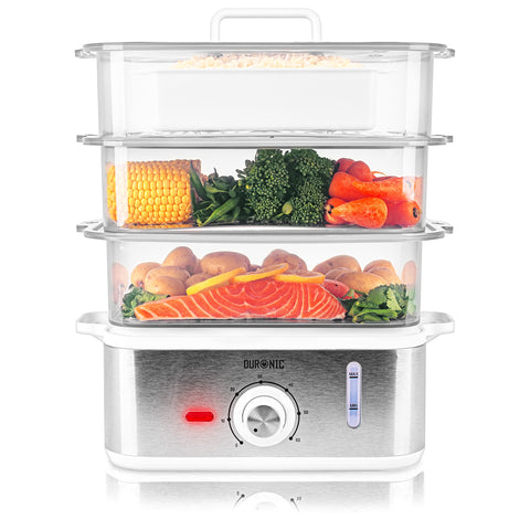Duronic Electric Food Steamer filled with salmon, potatoes, vegetables, and rice on white background.