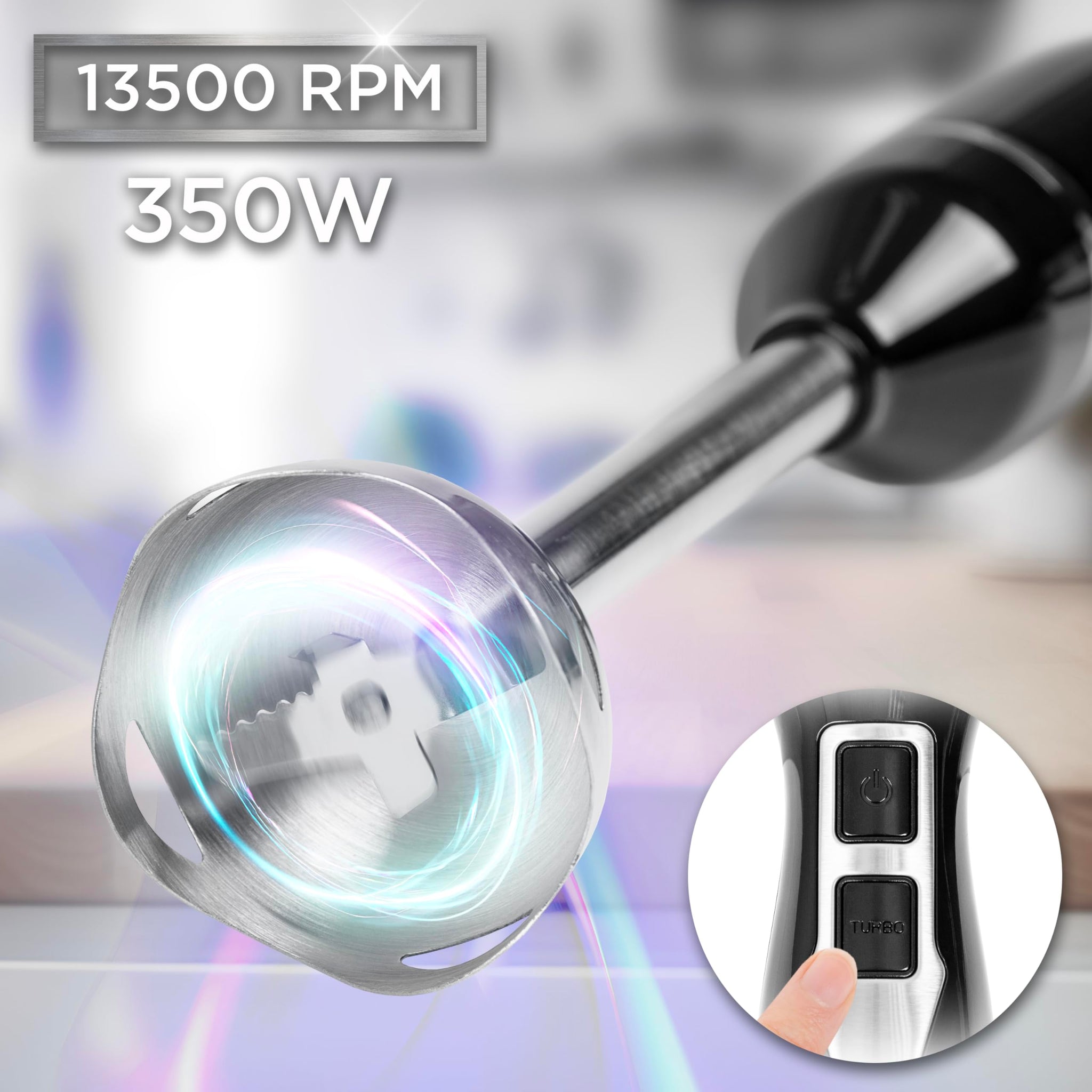 Duronic Electric Hand Blender featuring a 350W motor and 13500 RPM speed with a close-up of its sharp blades and dual-button power controls.