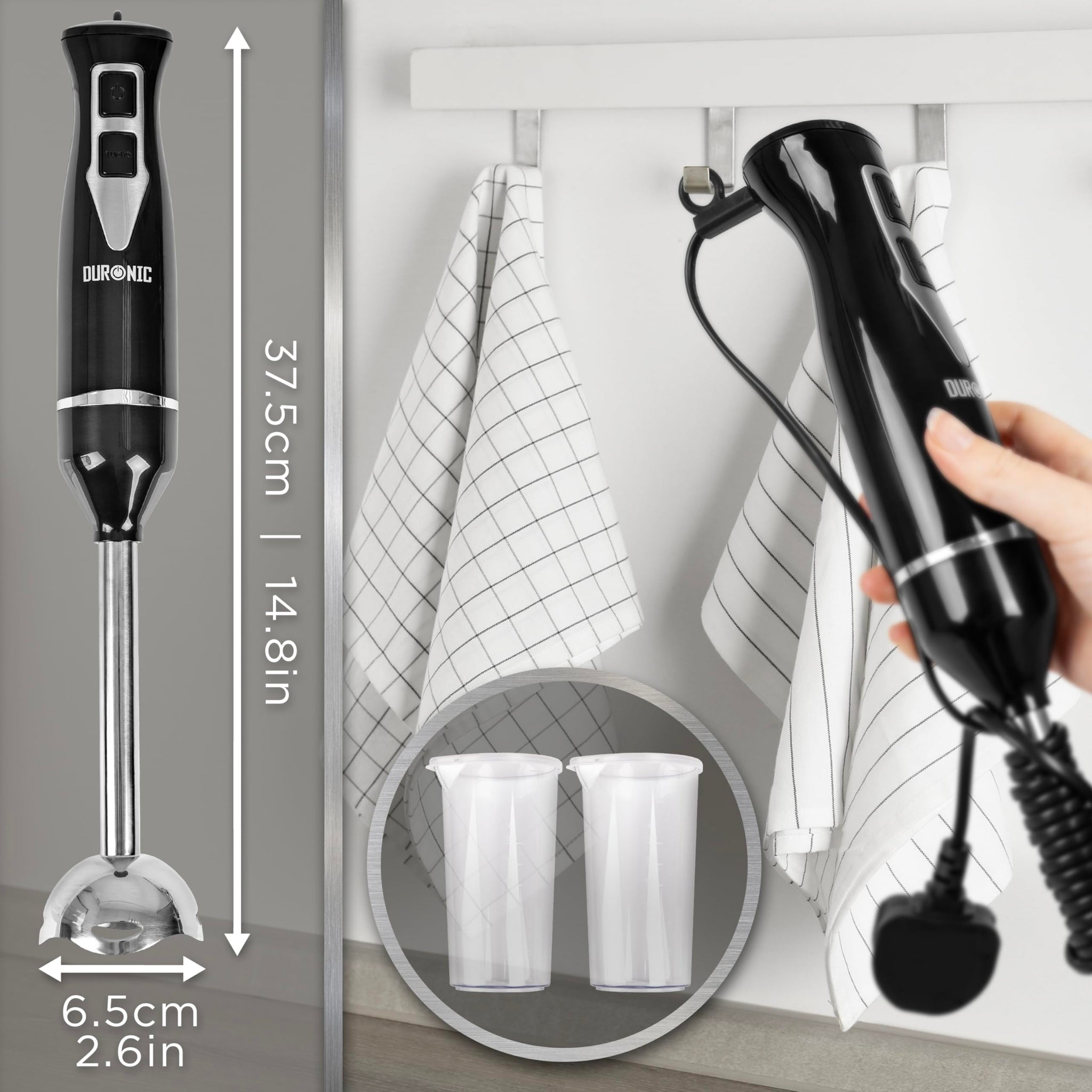 Duronic Electric Hand Blender measuring 37.5cm tall is shown next to its wall-hanging feature and two included measuring beakers.