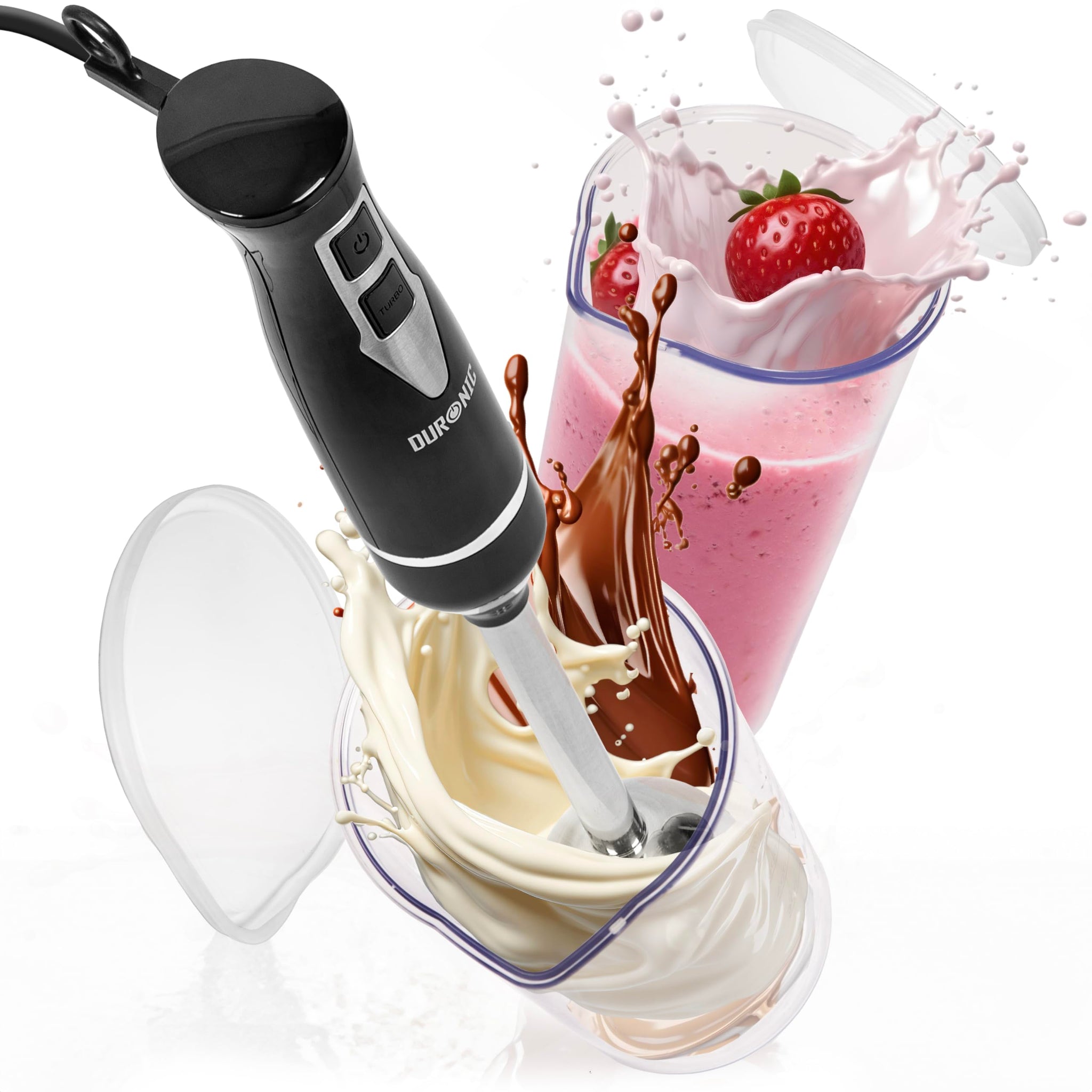 Duronic Electric Hand Blender surrounded by dynamic splashes of chocolate and strawberry smoothies.