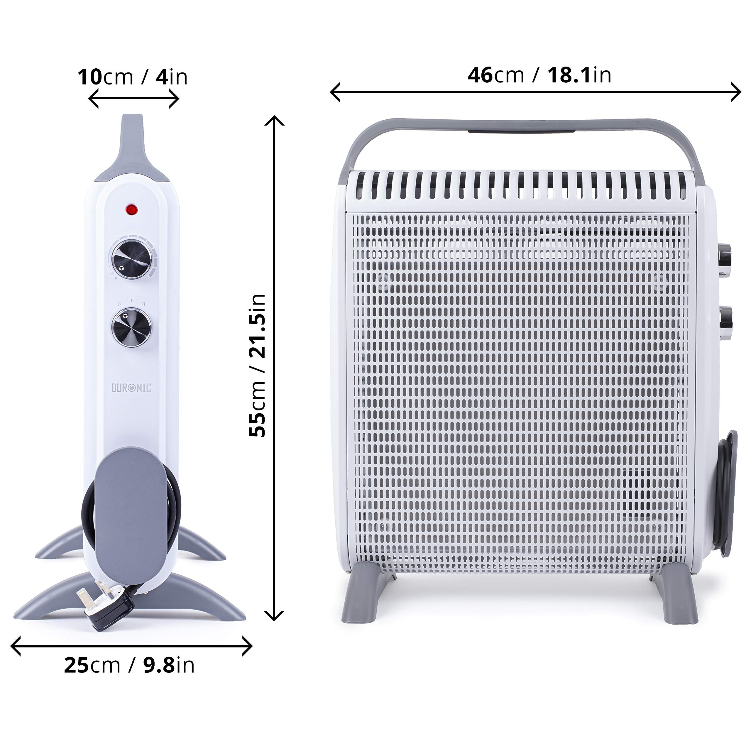 Duronic Electric Heater showing dimensions for easy storage.
