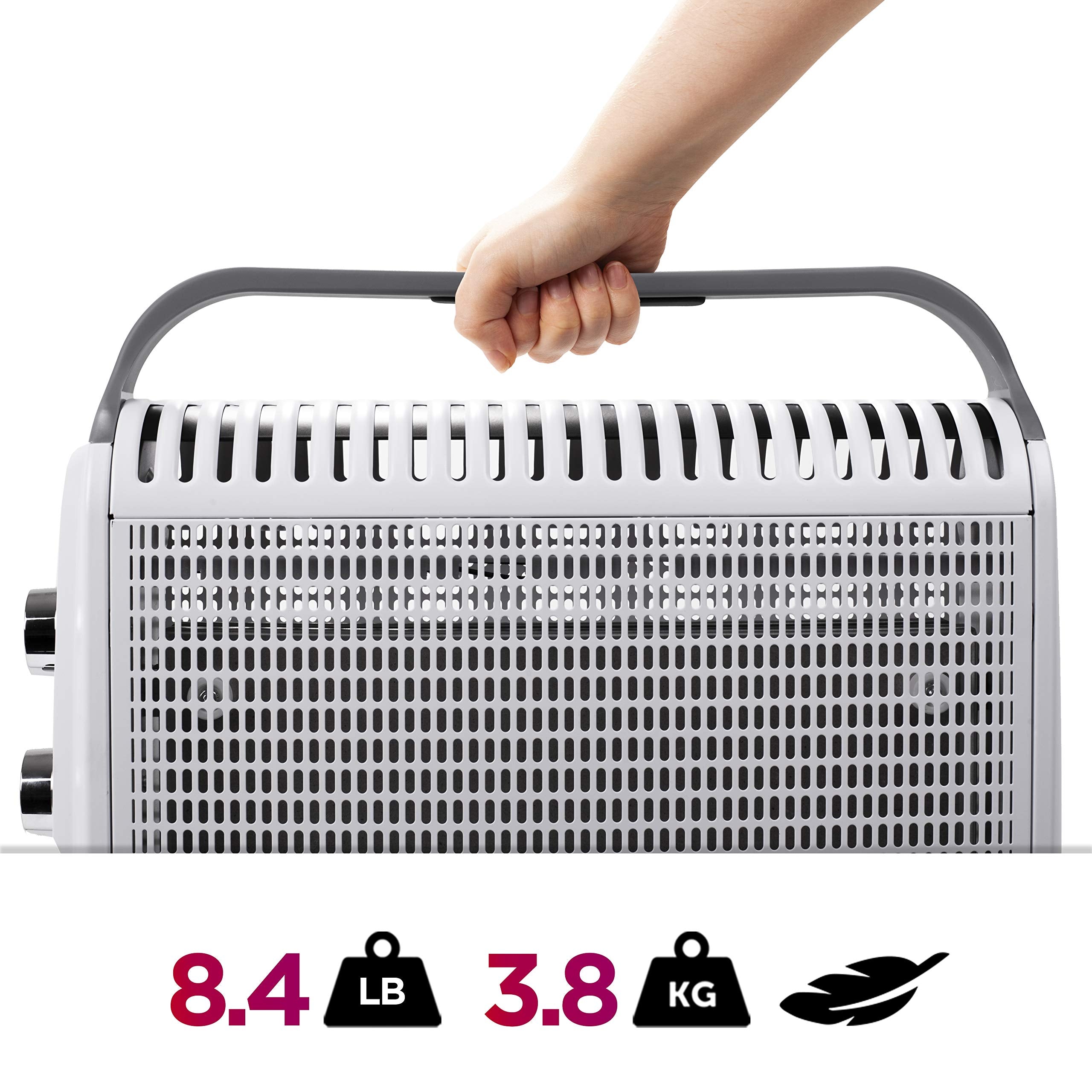 Duronic Electric Heater with a grey top handle, weighing 8.4 lbs or 3.8 kg.
