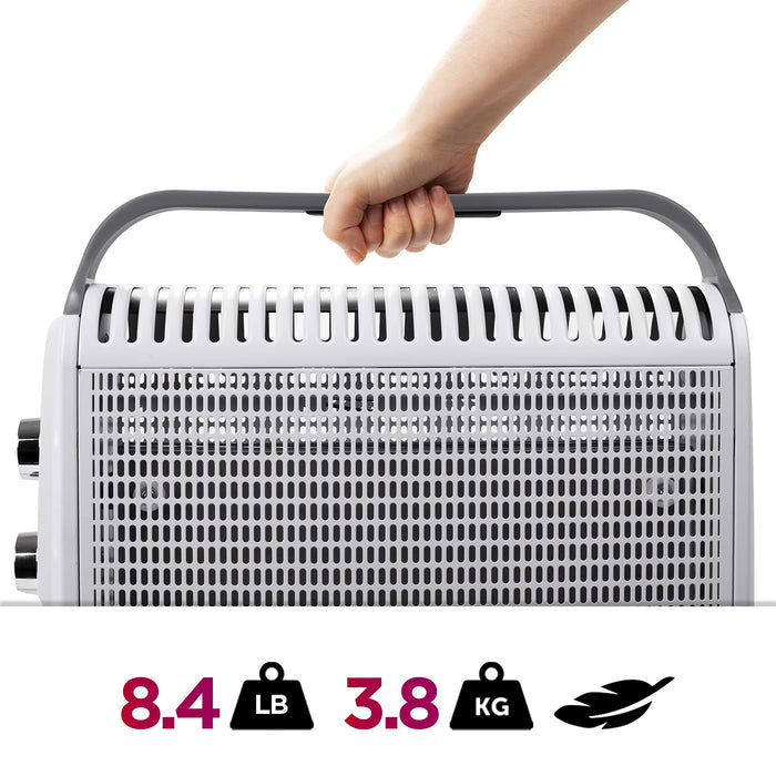 Duronic Electric Heater with a grey top handle, weighing 8.4 lbs or 3.8 kg.