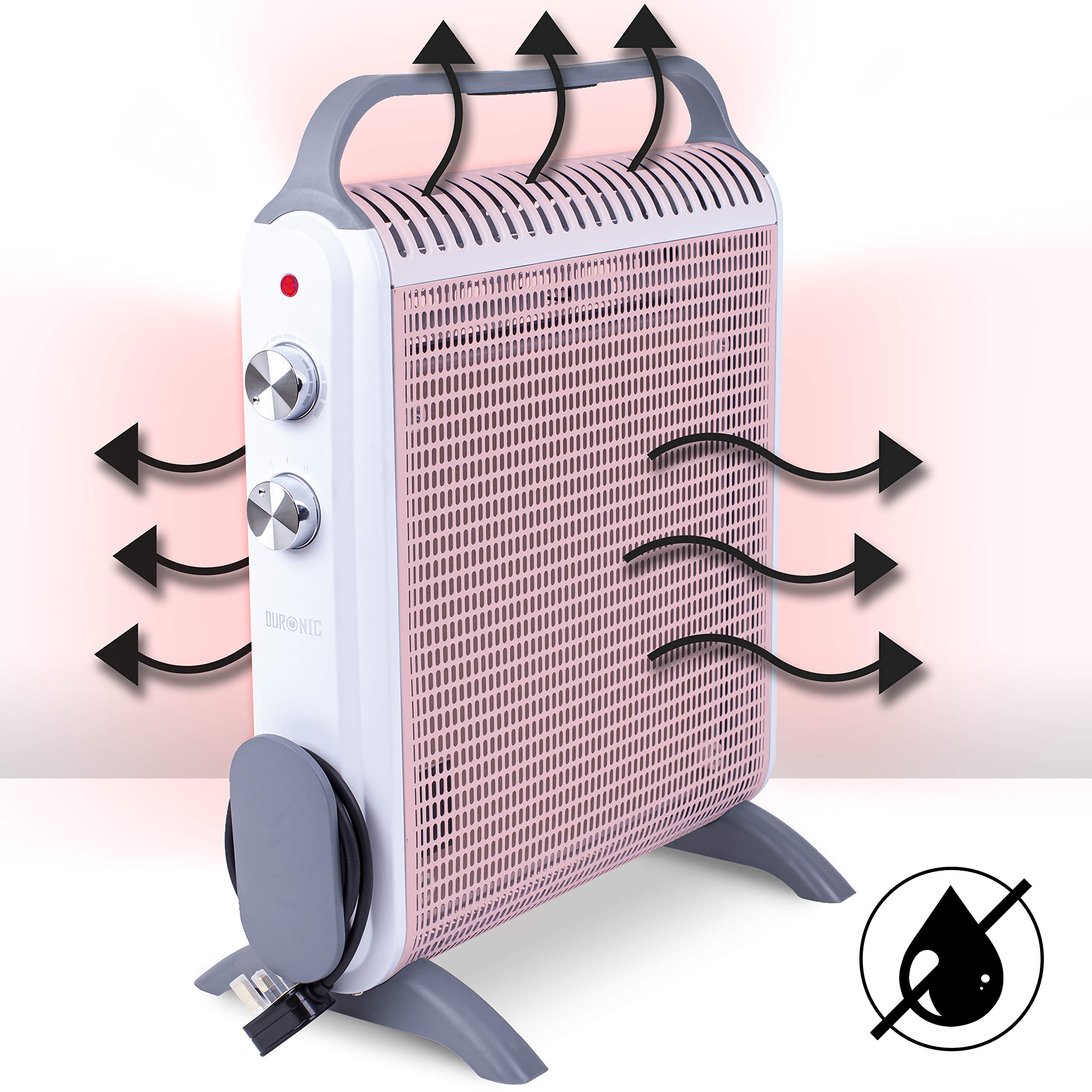 Duronic Electric Heater with arrows showing multi-directional heat flow and a waterproof icon.