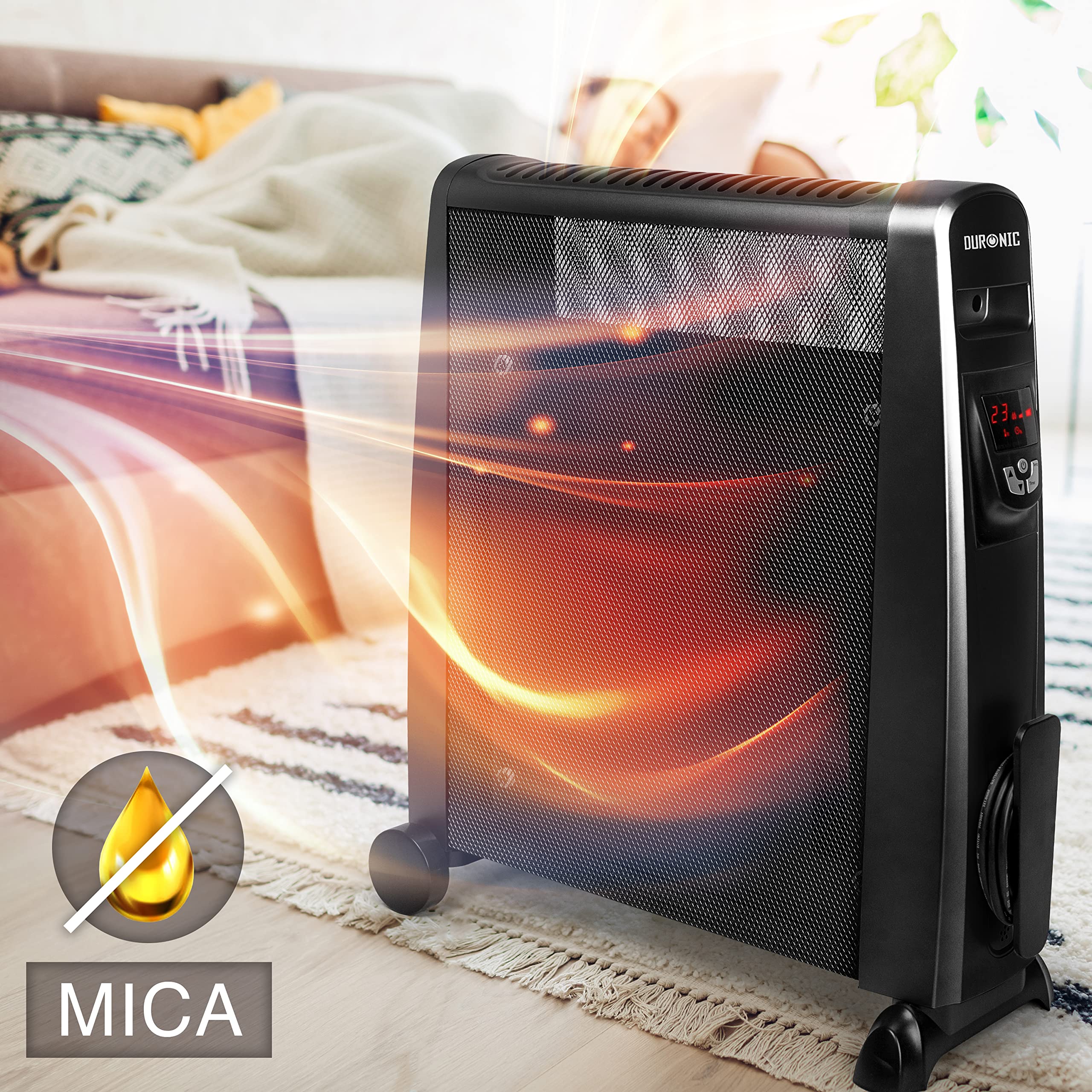 Duronic Electric Heater with digital display, emitting radiant heat in a cozy bedroom.