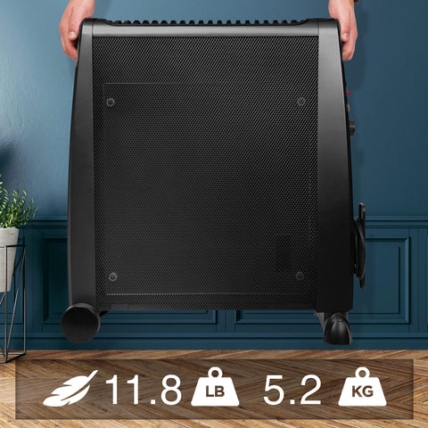 Duronic Electric Heaters being held, weighing 11.8 lbs or 5.2 kg.