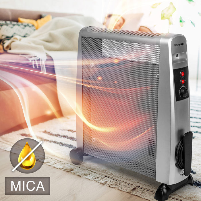 Duronic Electric Heaters emitting heat waves in a bedroom, featuring a no-oil mica icon.
