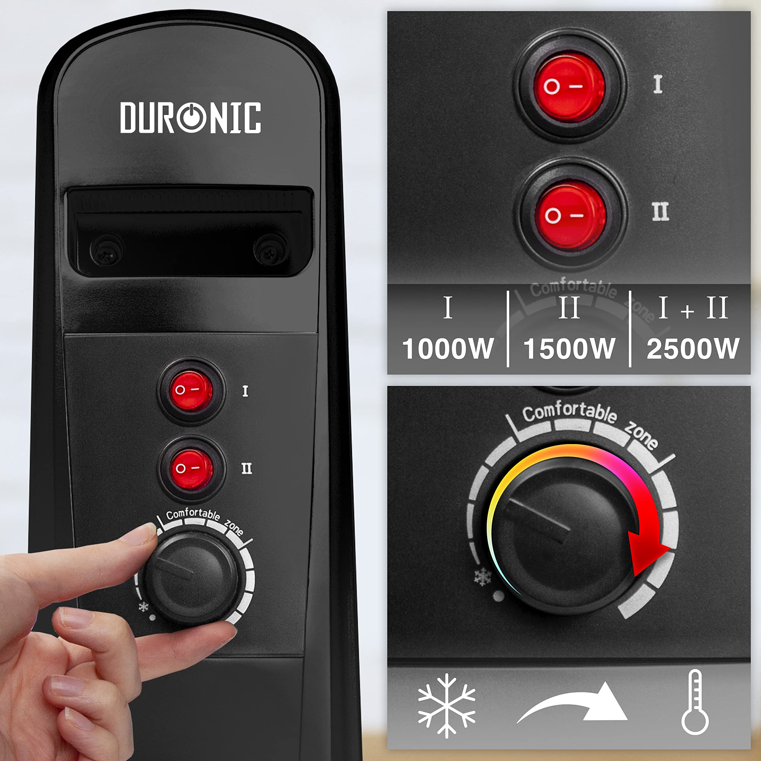 Duronic Electric Heaters showing power switches, wattage options, and adjustable thermostat dial settings.