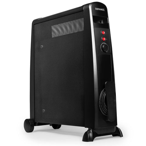 Duronic Electric Heaters with wheels, power switches, thermostat, and cord storage.