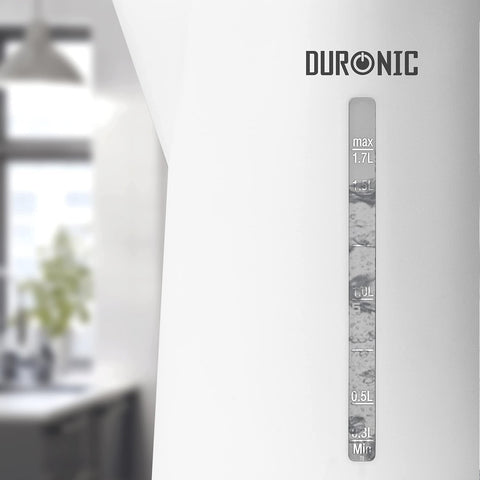 Duronic Electric Kettle featuring a clear water level window and measurements.