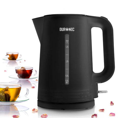 Duronic Electric Kettle featuring a clear water level window and three tea cups.