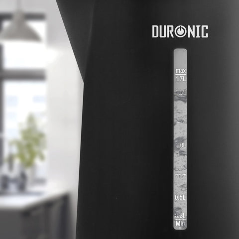 Duronic Electric Kettle featuring a clear water level window with measurements.