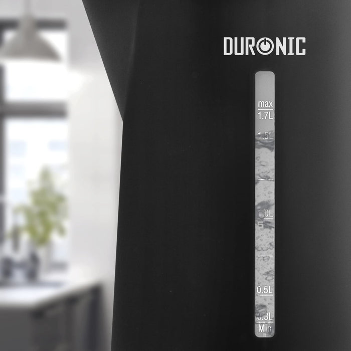 Duronic Electric Kettle featuring a clear water level window with measurements.