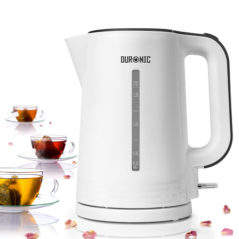Duronic Electric Kettle featuring three cups of brewed tea.
