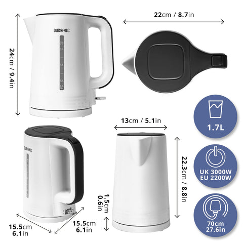 Duronic Electric Kettle showing dimensions, 3000W power, and 70cm cable length 