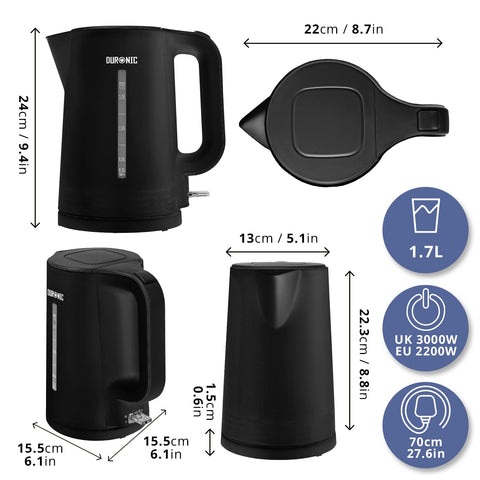 Duronic Electric Kettle shown from multiple angles with detailed dimensions and specifications.
