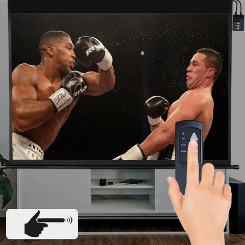 Duronic Electric Projector Screen displaying a boxing match while a hand operates it with a remote.