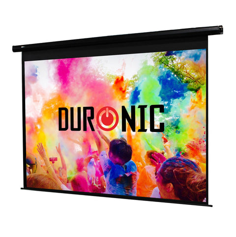 Duronic Electric Projector Screen displaying a vibrant and colorful crowd scene with the brand logo.