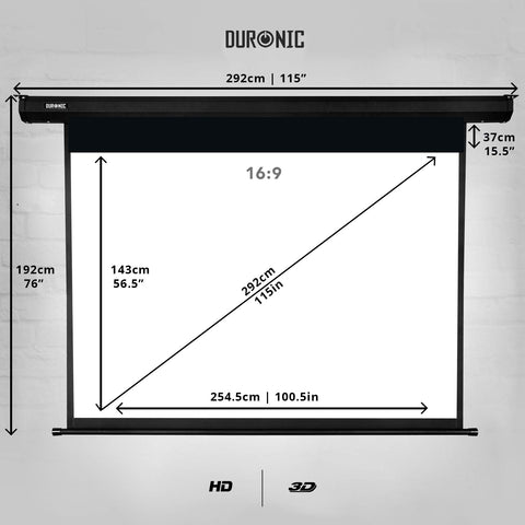 Duronic Electric Projector Screen displaying full sizing dimensions and aspect ratio.