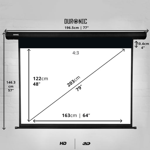 Duronic Electric Projector Screen showing full product dimensions and aspect ratio for online store listings.