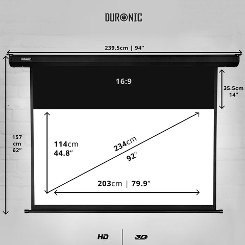 Duronic Electric Projector Screen showing precise dimensions for a 92 inch 16:9 aspect ratio display."