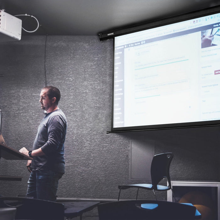 Duronic Electric Projector Screen with a man presenting in podium