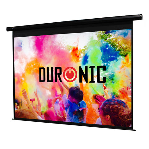 Duronic Electric XXL Projector showing a vibrant, colorful festival crowd with the company logo text overlay.Screens