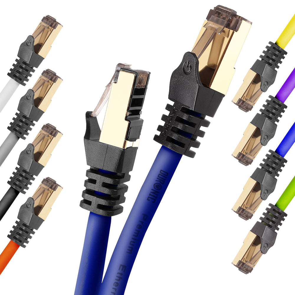 Duronic Ethernet  Blue Cable 10M featuring gold-plated RJ45 connectors and snagless boots, displayed against a white background.