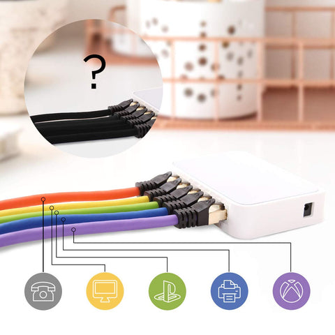 Duronic Ethernet Blue Cable 3M connects various color-coded network cables to icons representing a telephone, computer, PlayStation, printer, and Xbox to demonstrate organized device connectivity.