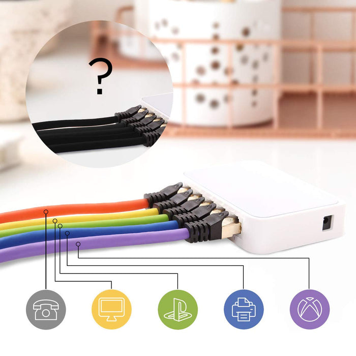 Duronic Ethernet Blue Cable 3M connects various color-coded network cables to icons representing a telephone, computer, PlayStation, printer, and Xbox to demonstrate organized device connectivity.
