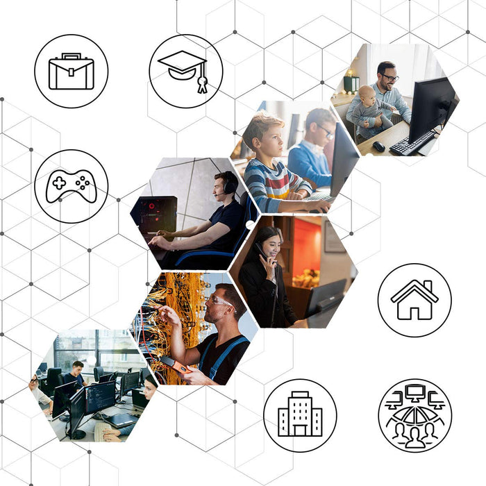 Duronic Ethernet Blue Cable 3M with a collage of people using technology for work, education, gaming, and technical support, surrounded by icons representing home, business, and networking.