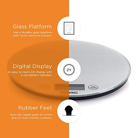Duronic Ethernet Cable featuring a durable glass platform with touch-sensitive buttons, an easy-to-read LCD display, and non-slip rubber feet for stability.
