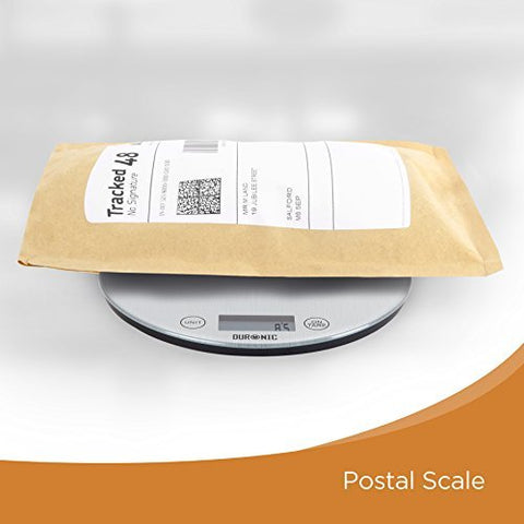 Duronic Ethernet Cable with padded brown envelope being weighed on a sleek, stainless steel Duronic digital postal scale.