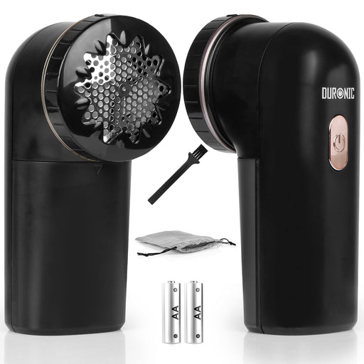 Duronic FS22 BK electric fabric shaver for clothing, sweaters, sofas with travel pouch, cleaning brush and batteries included