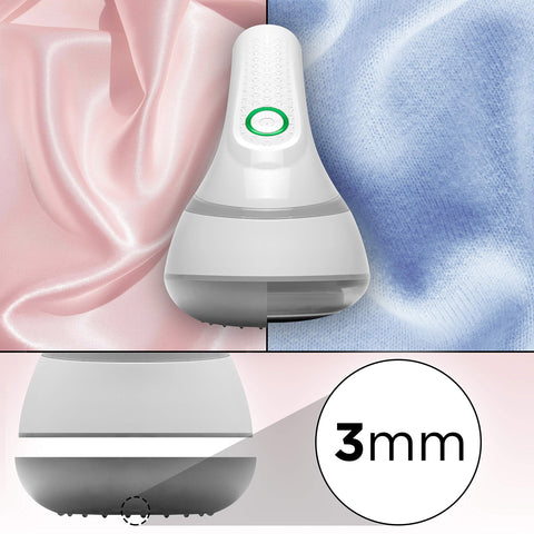 Duronic Fabric Shaver shown against pink silk and blue knit fabric backgrounds.