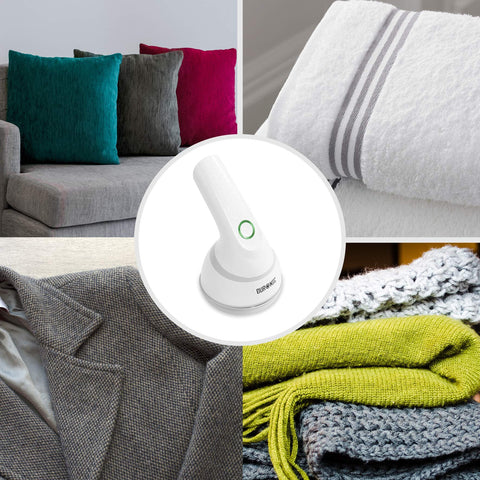 Duronic Fabric Shaver surrounded by cushions, towels, a wool coat, and knit blankets.