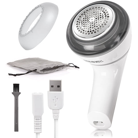Duronic Fabric Shaver with USB cable, cleaning brush, and storage pouch.