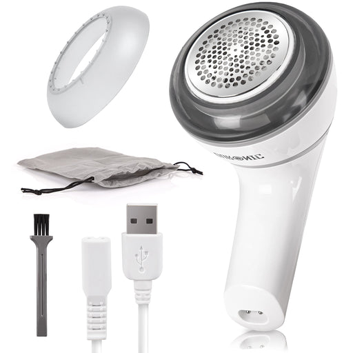 Duronic Fabric Shaver with USB cable, cleaning brush, and storage pouch.