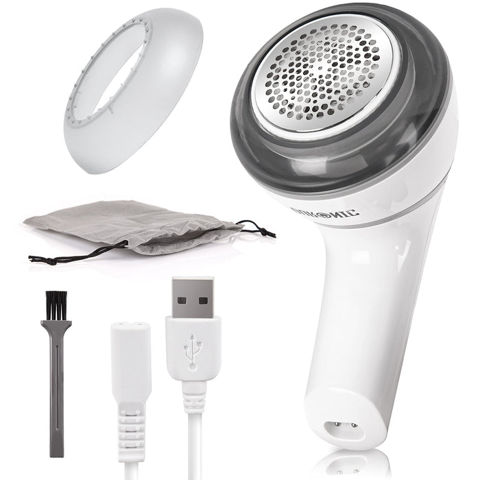 Duronic Fabric Shaver with USB cable, cleaning brush, and storage pouch.