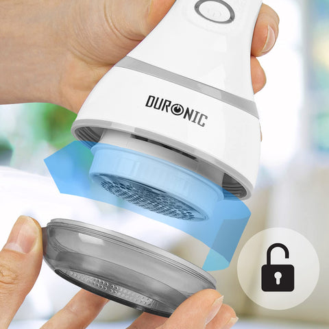 Duronic Fabric Shaver with its detachable transparent lint collector cap being removed for cleaning.