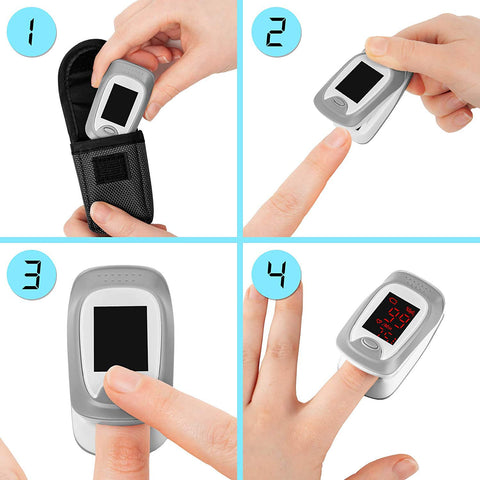 Duronic Fingertip Pulse Oximeter showing how to remove, open, activate, and read a finger pulse oximeter.