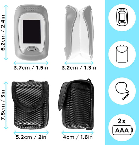 Duronic Fingertip Pulse Oximeter with product dimension, black carrying pouch, lanyard, and AAA batteries