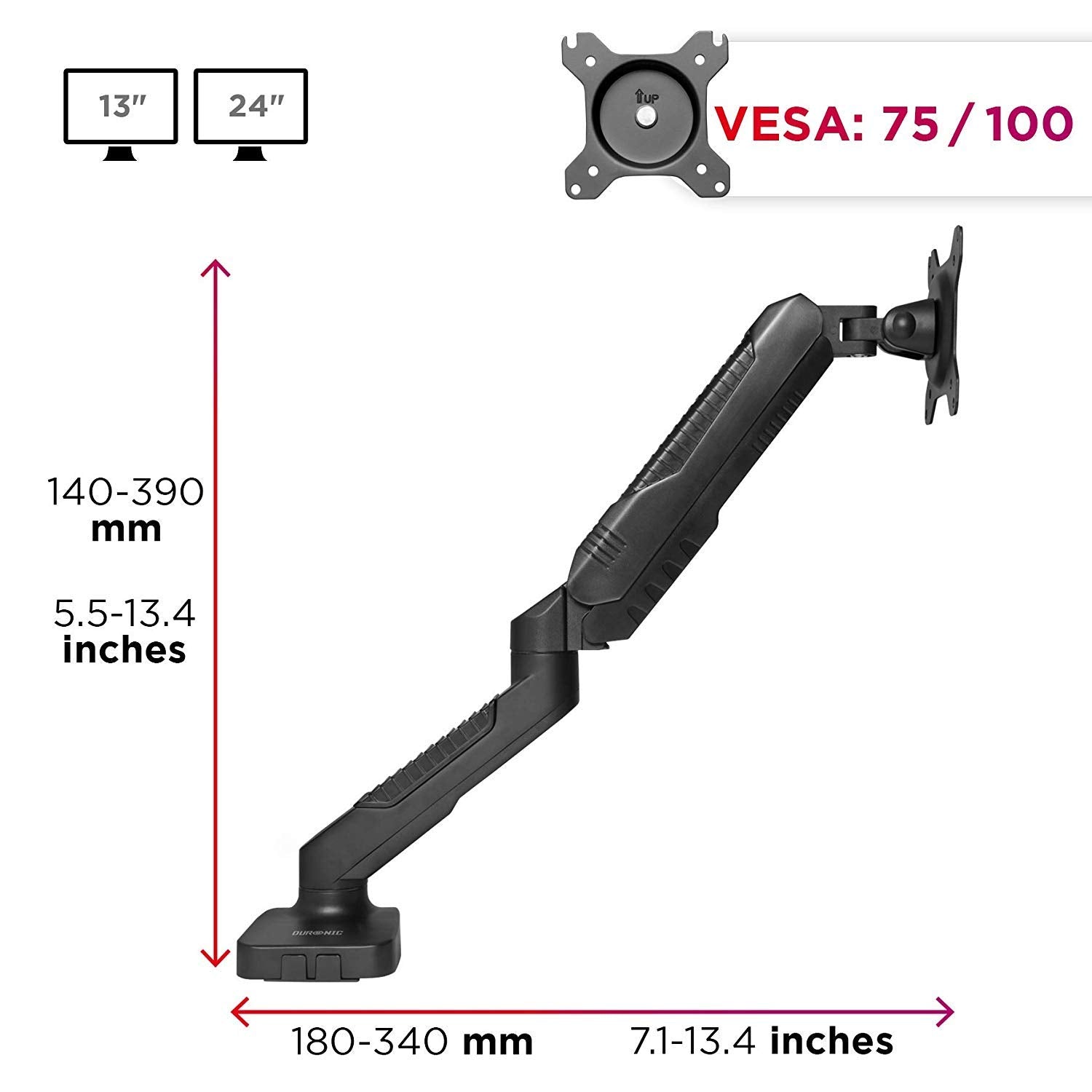 Duronic Gas Desk Mount Arm with dimensions, VESA plate, and screen size compatibility icons.